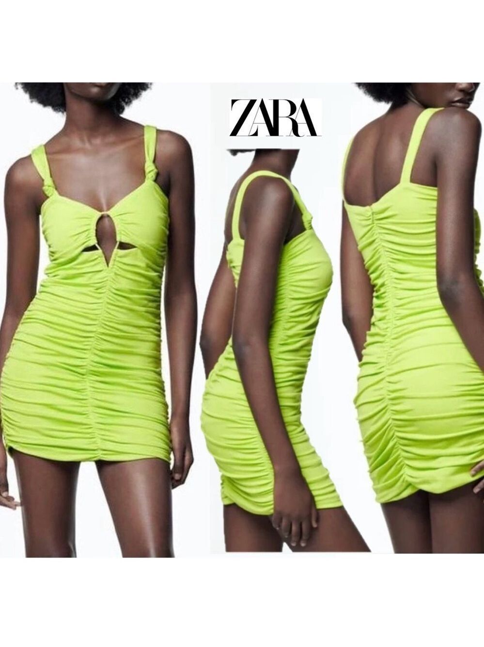 Zara lime green ruched draped sleeveless cut-out bodycon mini dress thick